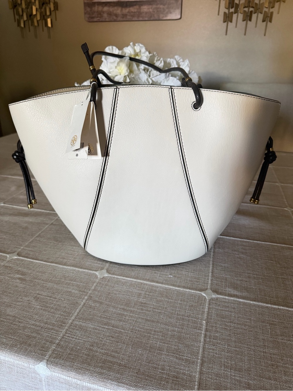Tory Burch Light Cream Leather Spaghetti Strap Tote w/ Brown Trim & Handles BNWT